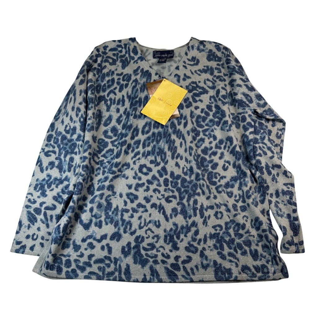Susan Graver Style Women's Large Blue Leopard Print Long‎ Sleeve Top Sparkle